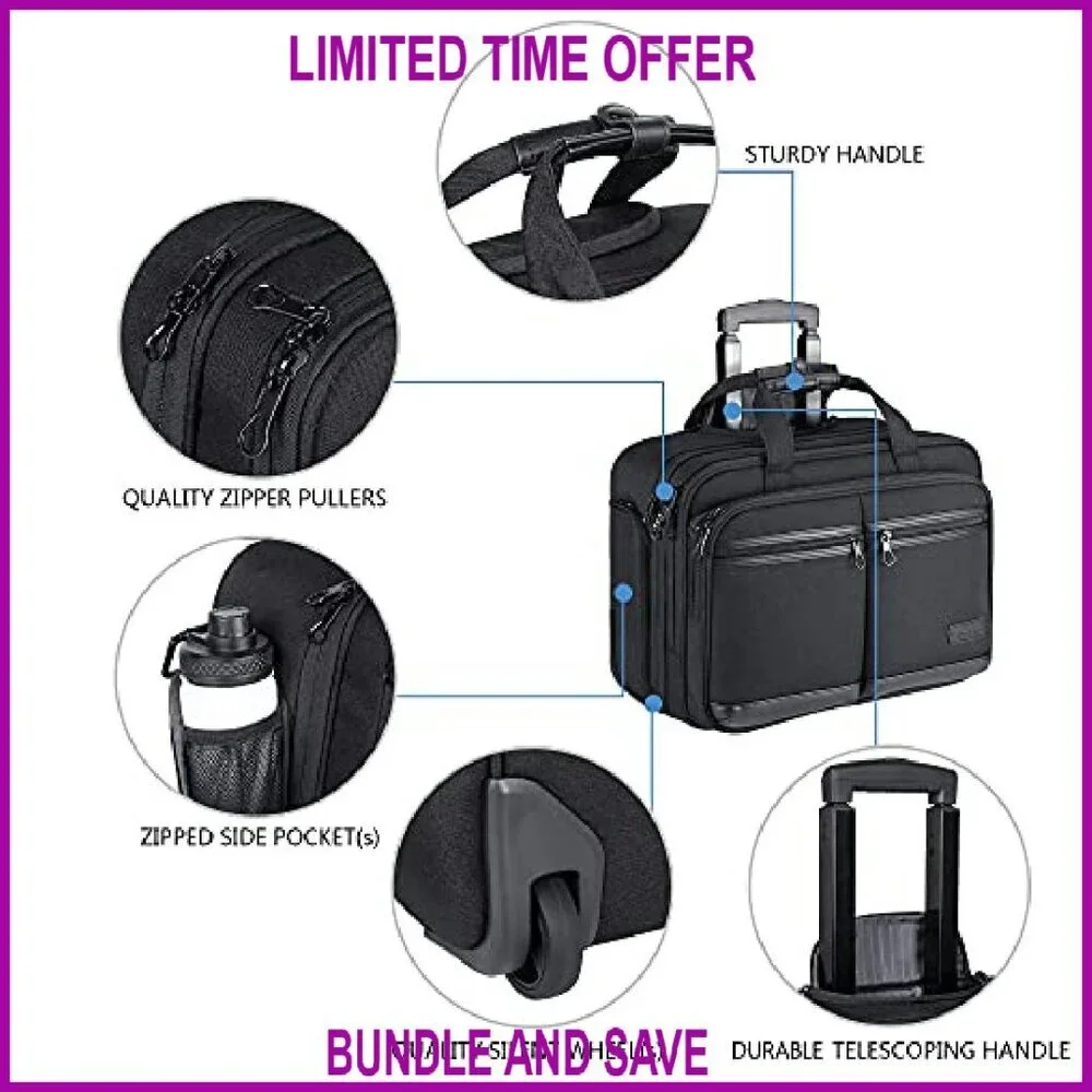 Rolling Laptop Briefcase Fits 17.3 Inch Computer Travel Business Carry On